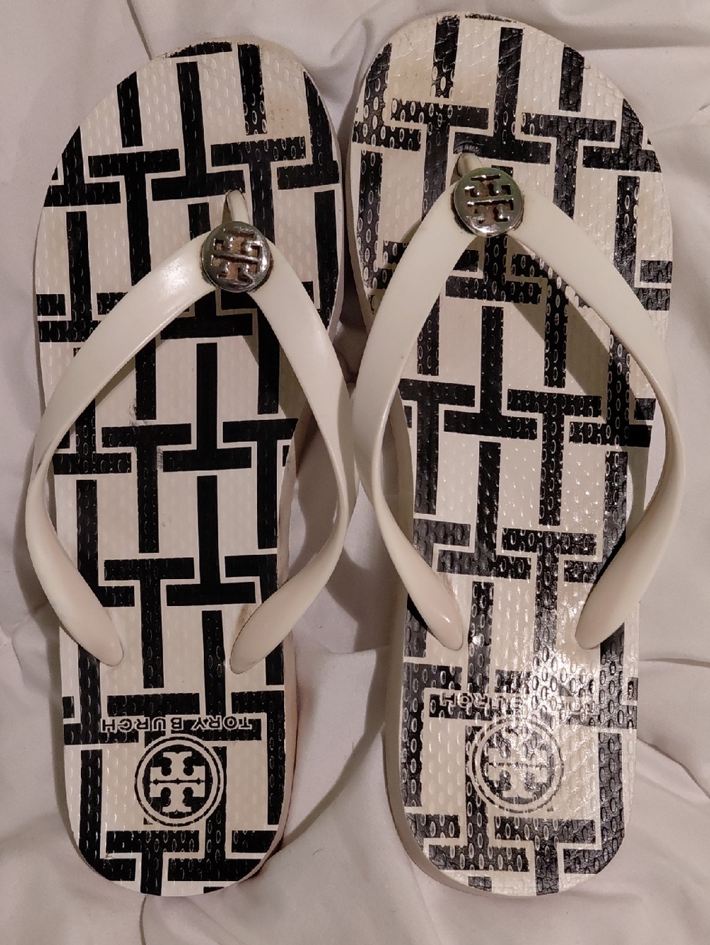Tory Burch White and Black Logo Pattern Flip Flops